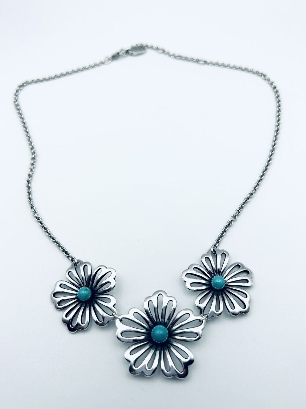 James Avery Retired Sterling Silver/ Turquoise Flower Adjustable Necklace 16-18"